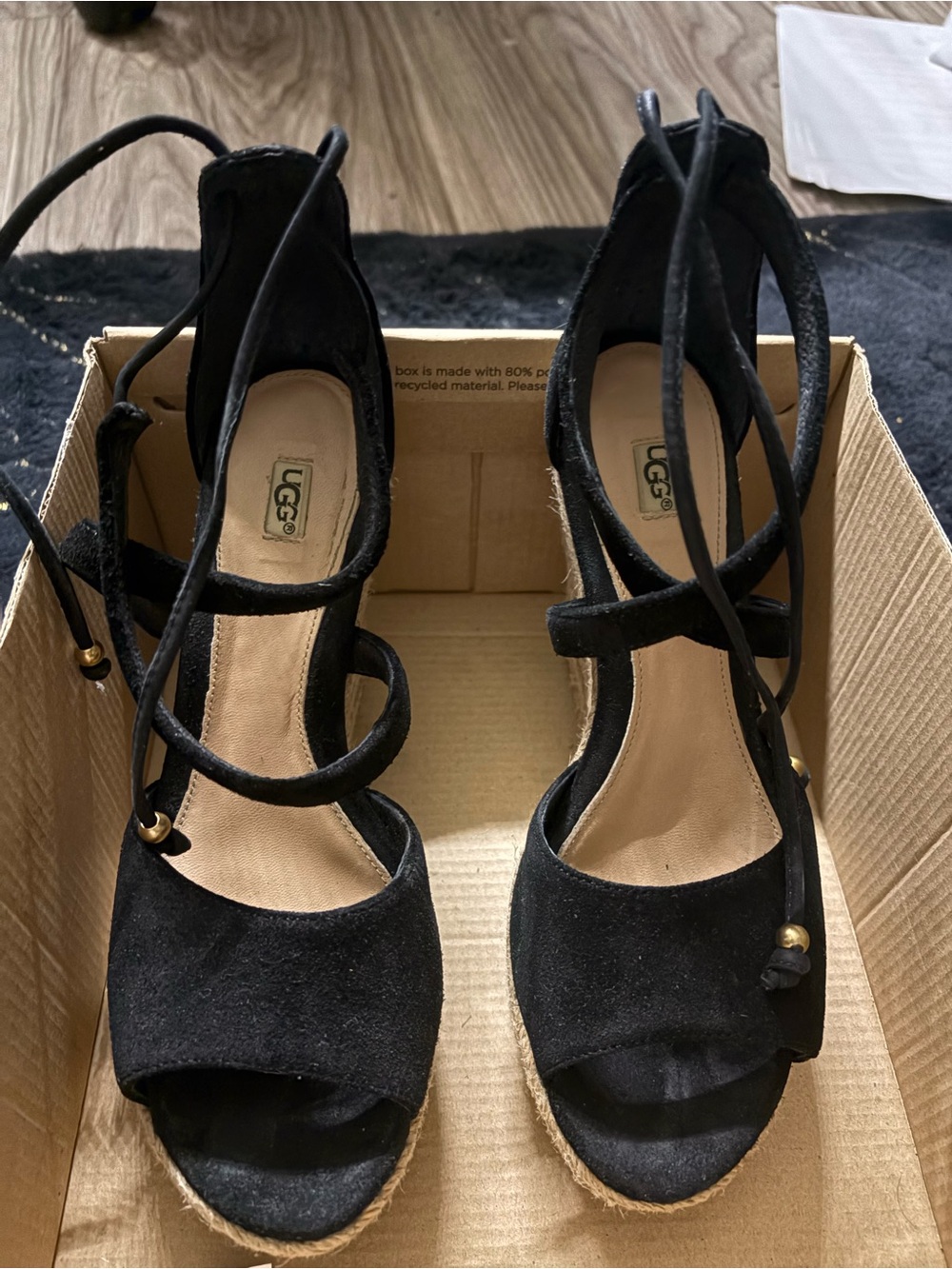 UGG Black Suede Espadrille Wedge Sandals with Wrap Ties